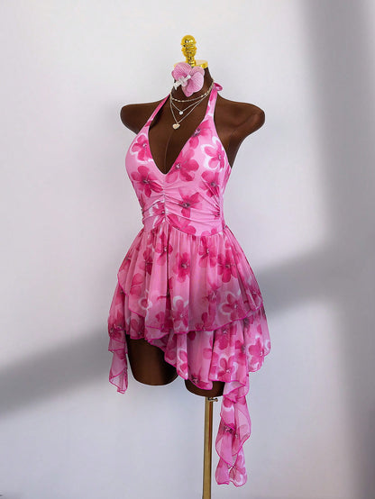 Zestiva-D Women's Summer Pink Rose Print Halter Deep V One-Piece Swimsuit,Multi-Layer Asymmetrical Chiffon Skirt,Tropical Beach Vacation Holiday Slim