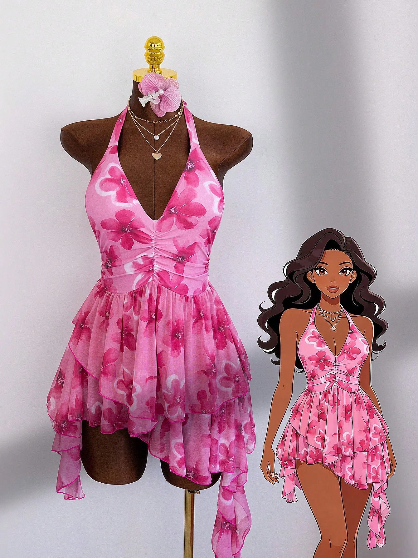 Zestiva-D Women's Summer Pink Rose Print Halter Deep V One-Piece Swimsuit,Multi-Layer Asymmetrical Chiffon Skirt,Tropical Beach Vacation Holiday Slim