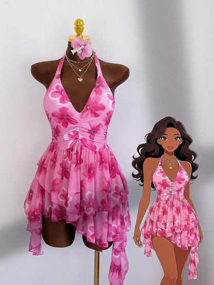 Zestiva-D Women's Summer Pink Rose Print Halter Deep V One-Piece Swimsuit,Multi-Layer Asymmetrical Chiffon Skirt,Tropical Beach Vacation Holiday Slim