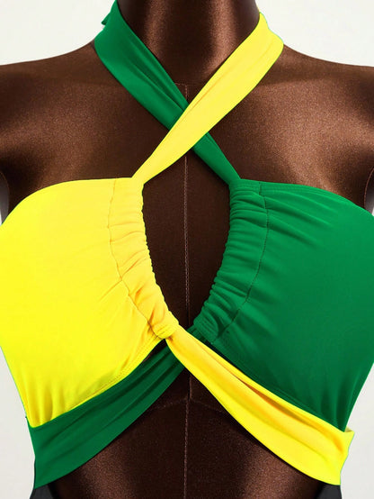 Zestiva Women's Vacation Beach Contrast Splice Backless Halter One-Piece Swimsuit For Summer