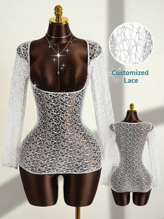 Zestiva Women's White Summer Elegant Beach Vacation Holiday Party Sheer Lace Hollow-Out Low-Cut Neckline Fitted Stretchy Long Sleeve Dress,Holiday