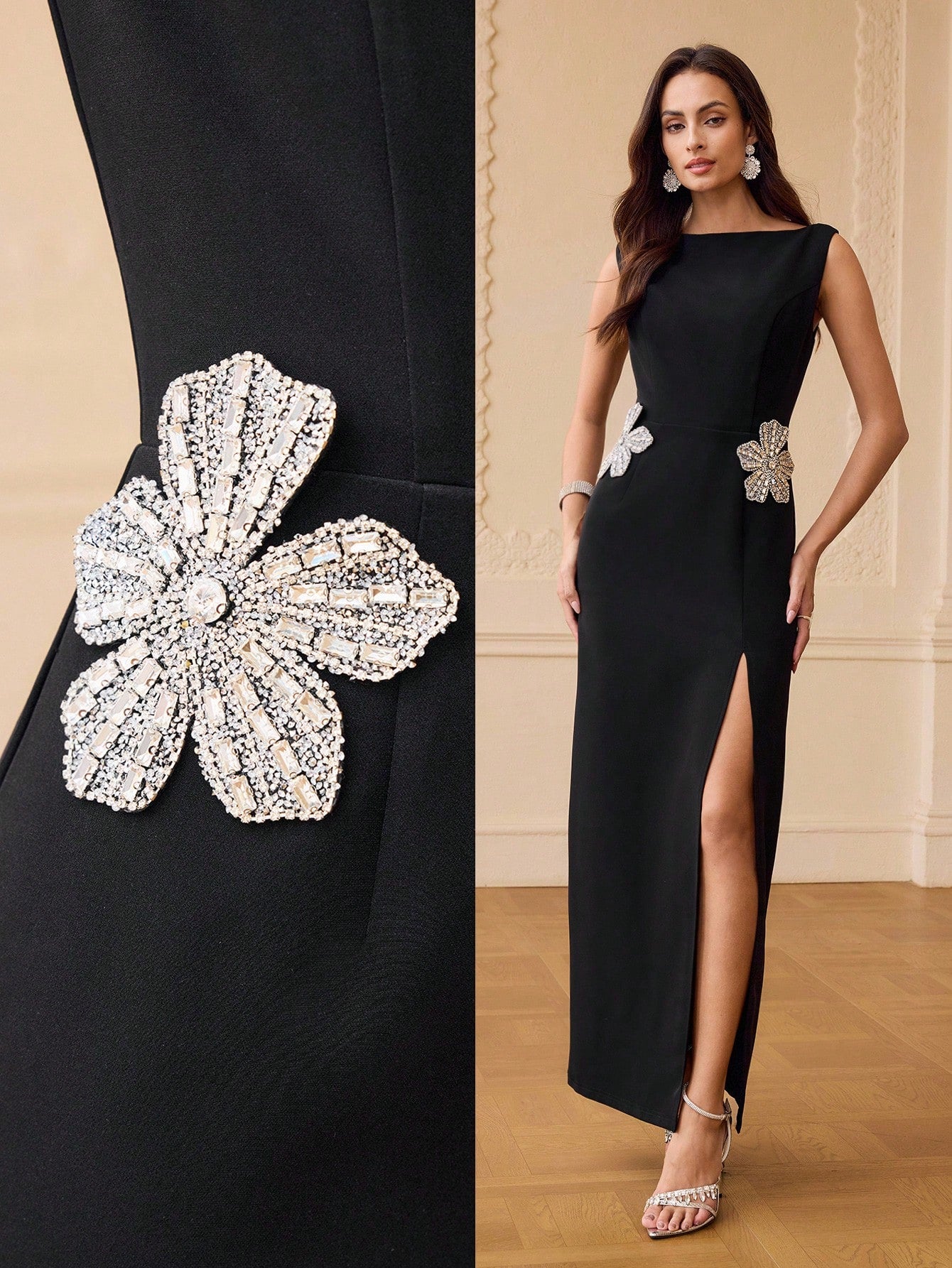 ZEYLAH HANDMADE RHINESTONE EMBELLISHED BOAT NECK SPLIT DRESS