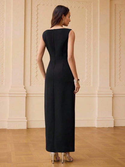 ZEYLAH HANDMADE RHINESTONE EMBELLISHED BOAT NECK SPLIT DRESS