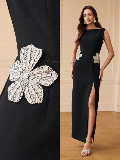 ZEYLAH HANDMADE RHINESTONE EMBELLISHED BOAT NECK SPLIT DRESS