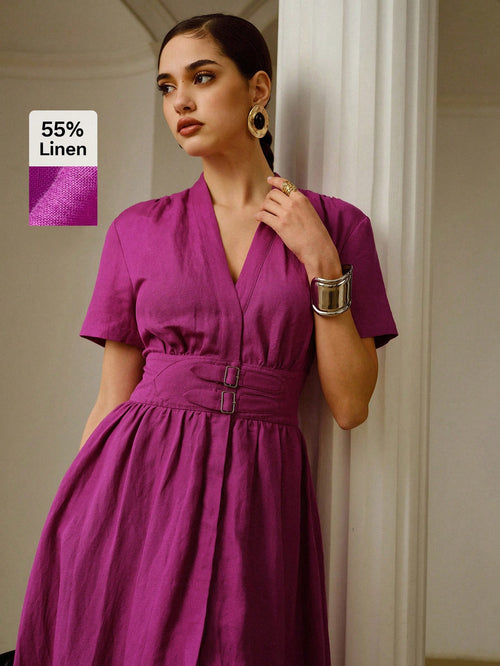 ZEYLAH Linen Deep V-Neck Metal Buckle Waist Decor Short Sleeve Midi Dress
