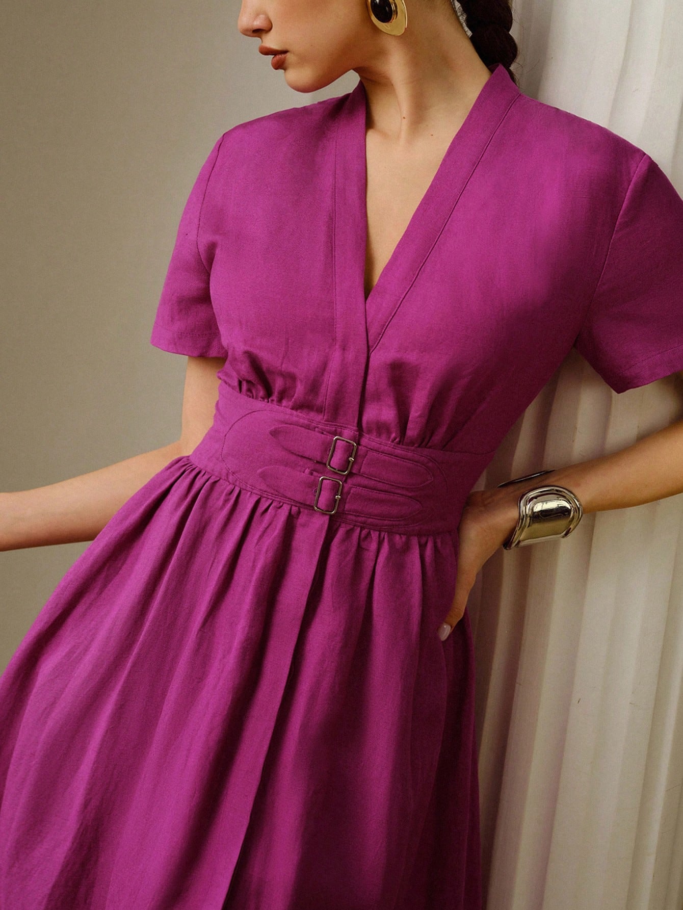 ZEYLAH Linen Deep V-Neck Metal Buckle Waist Decor Short Sleeve Midi Dress