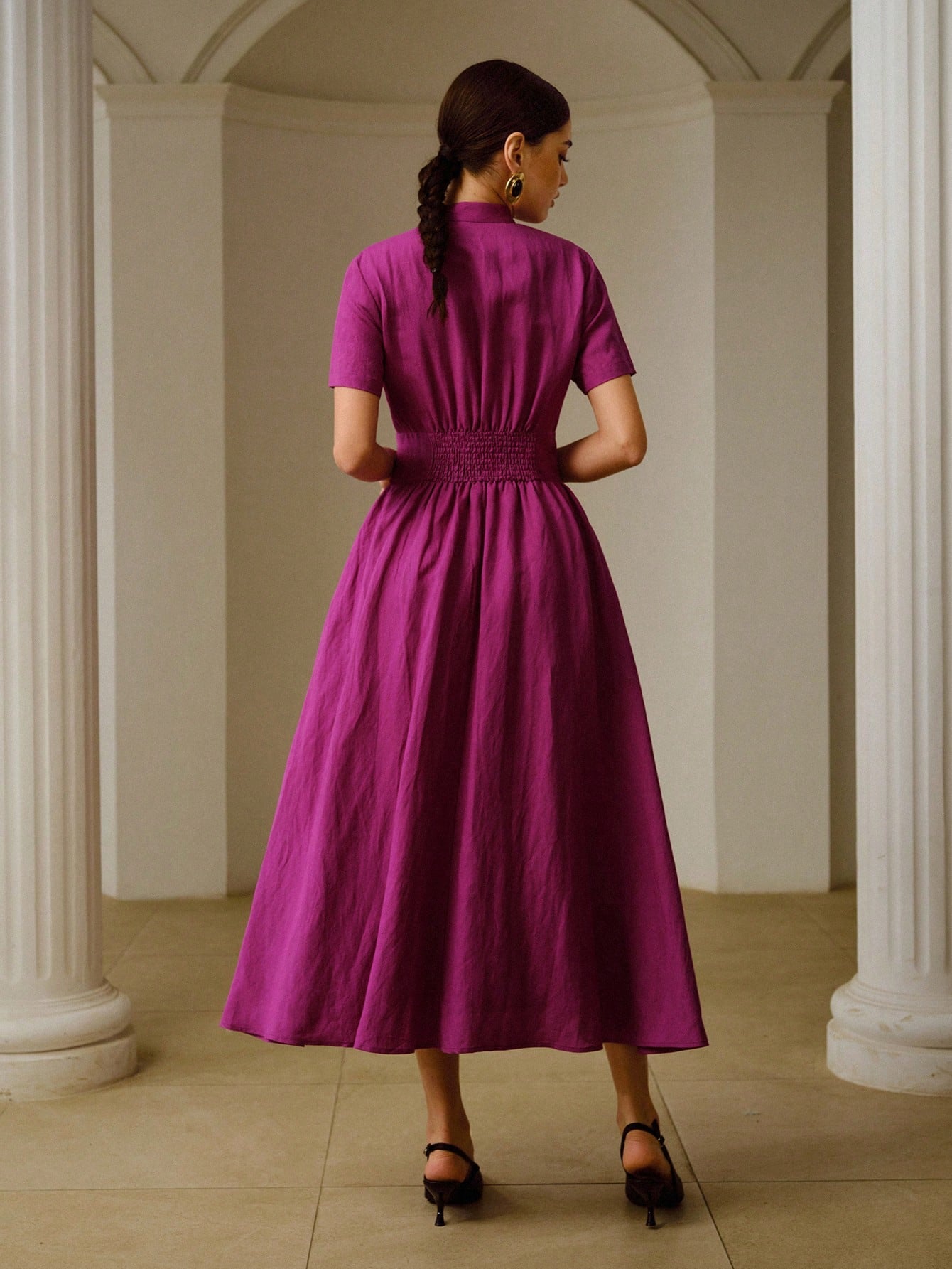 ZEYLAH Linen Deep V-Neck Metal Buckle Waist Decor Short Sleeve Midi Dress