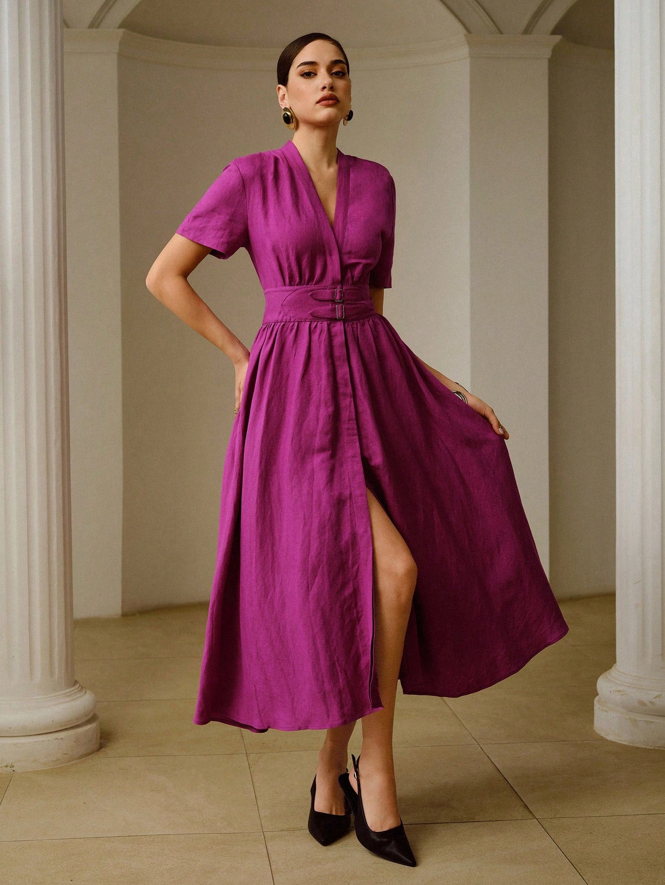 ZEYLAH Linen Deep V-Neck Metal Buckle Waist Decor Short Sleeve Midi Dress