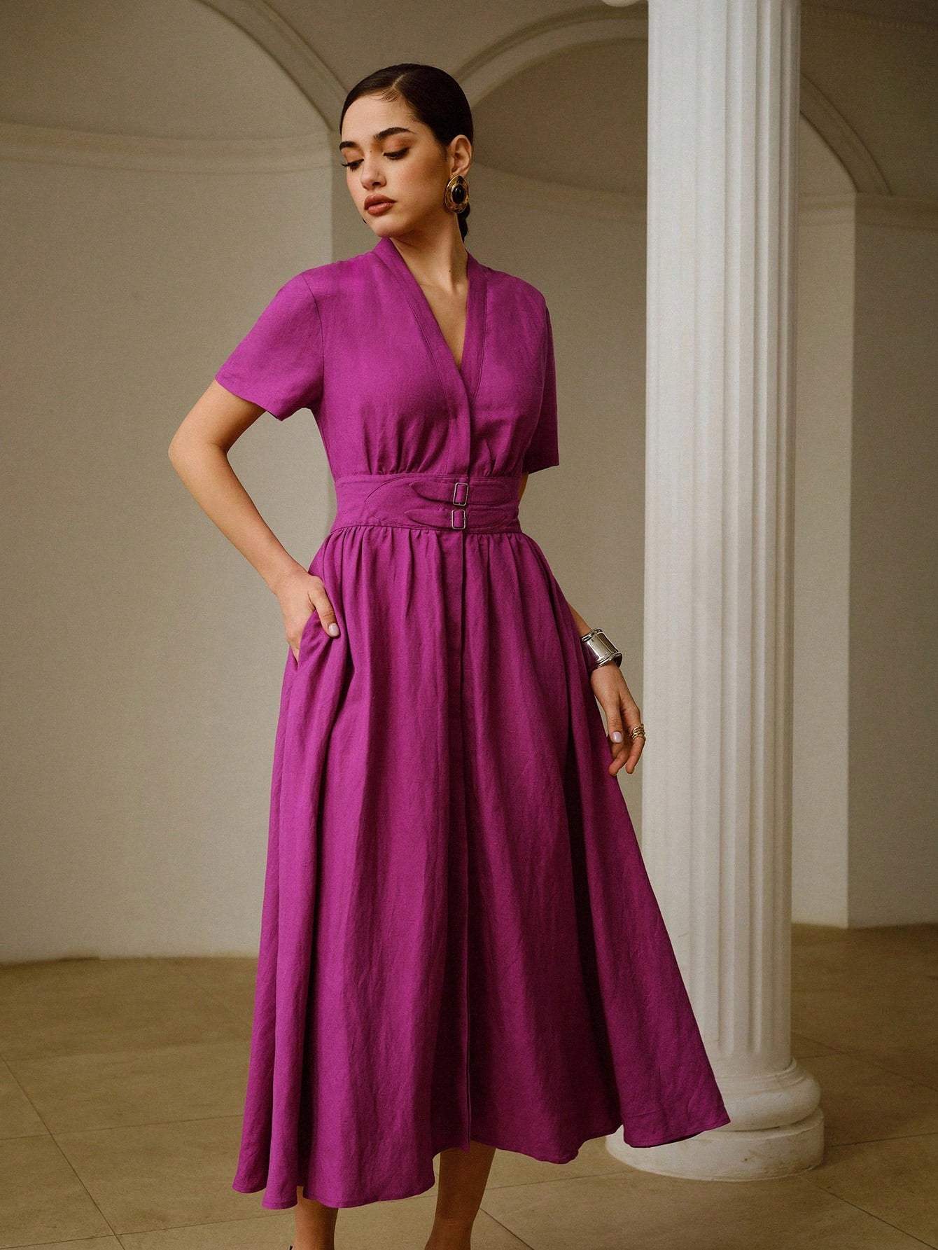 ZEYLAH Linen Deep V-Neck Metal Buckle Waist Decor Short Sleeve Midi Dress