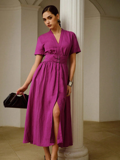ZEYLAH Linen Deep V-Neck Metal Buckle Waist Decor Short Sleeve Midi Dress