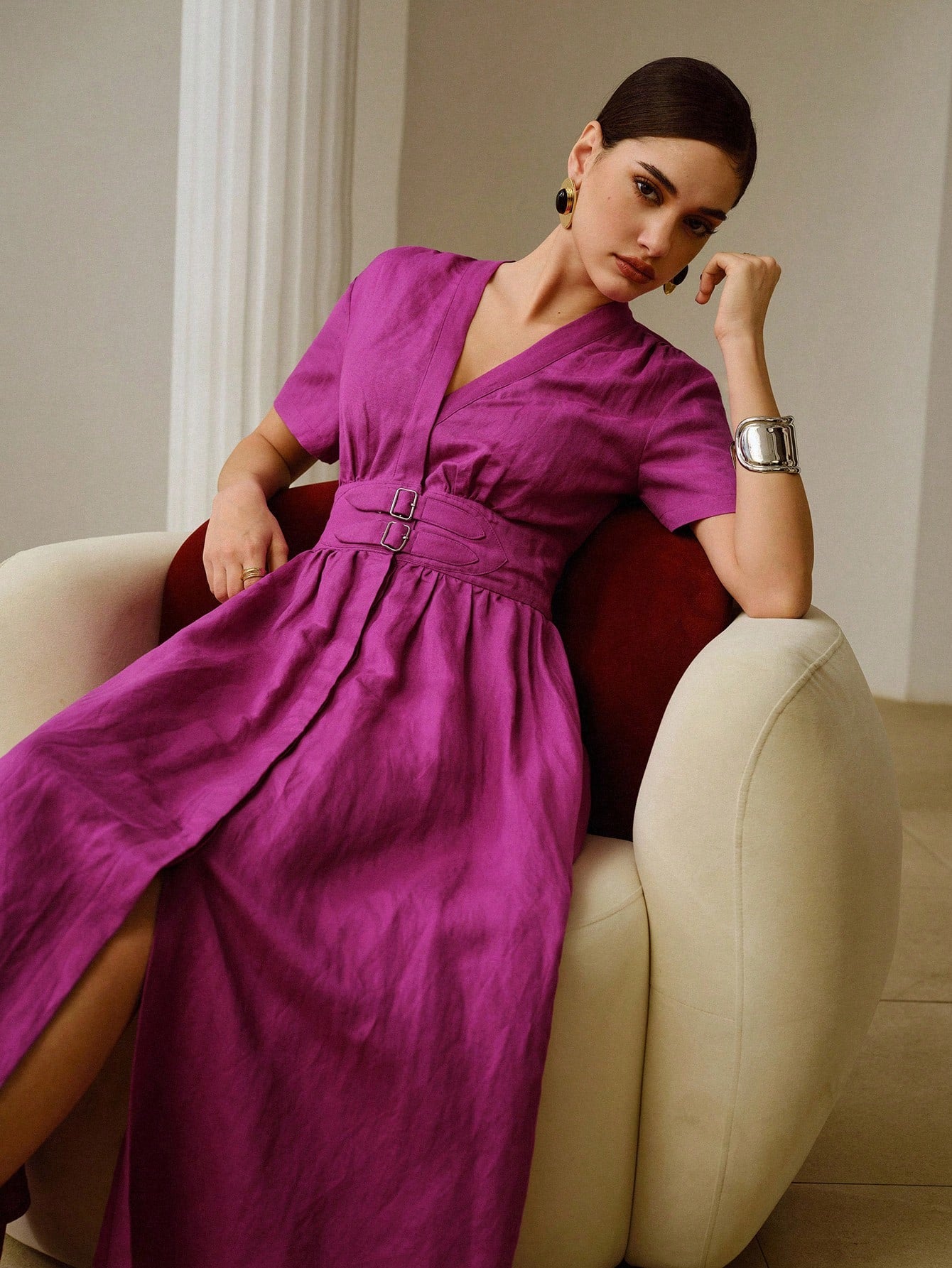 ZEYLAH Linen Deep V-Neck Metal Buckle Waist Decor Short Sleeve Midi Dress