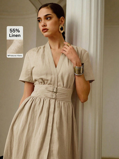 ZEYLAH Linen Deep V-Neck Metal Buckle Waist Decor Short Sleeve Midi Dress