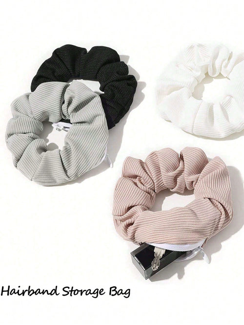 Zipper Hair Scrunchie, Multi-Functional Hair Band Storage Bag- Hidden Zipper Pocket Hair Scrunchie- Solid Color Minimalist Hair Scrunchie With Secret Storage