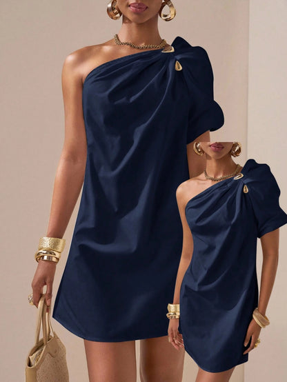 Zivah Elegant Navy Blue Summer Mini Dress For Women,Asymmetric Ruffle Puff Sleeve Casual Bar Party Dress,2025 Spring Music Festival Vacation Beach Wear