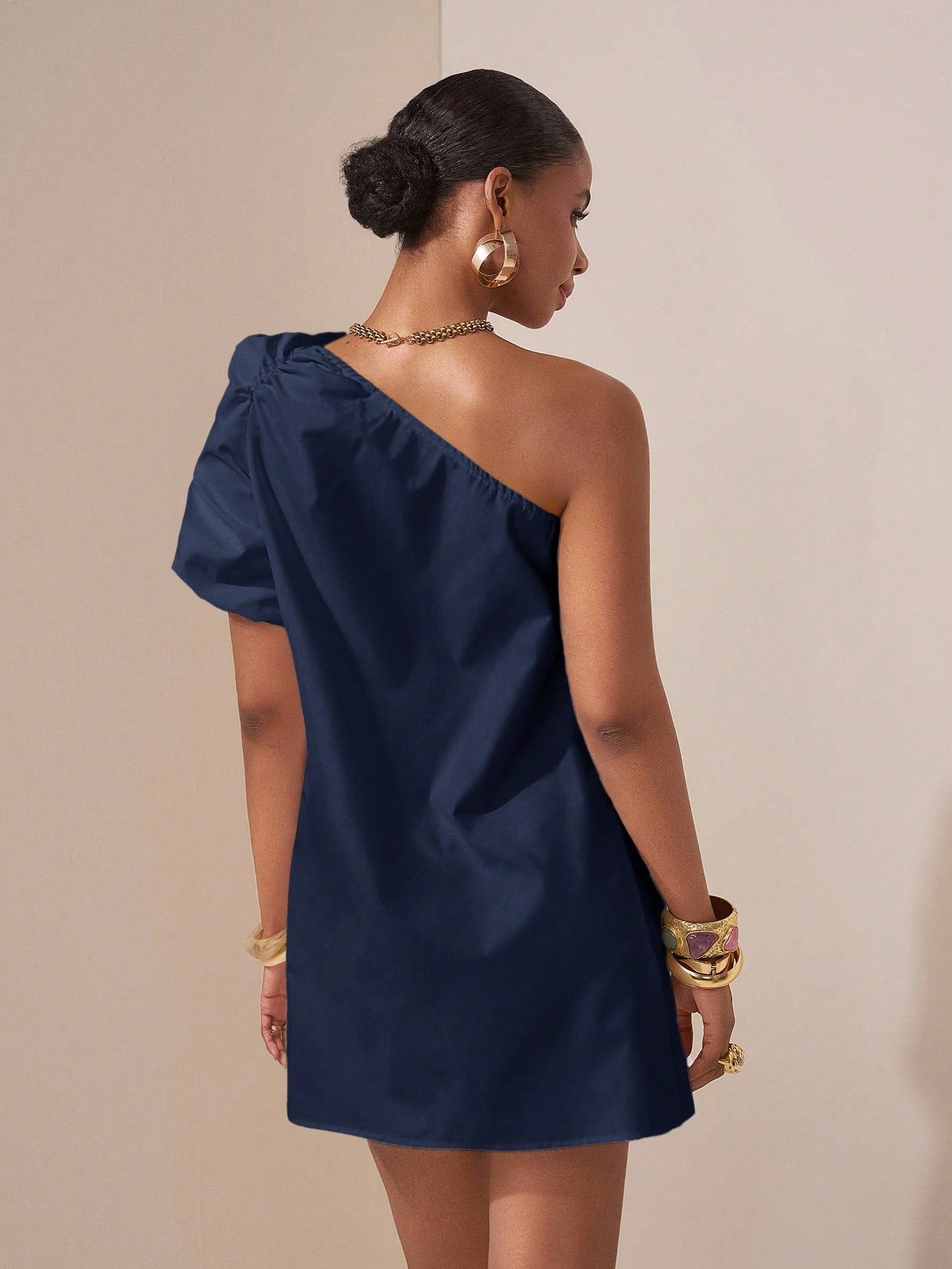 Zivah Elegant Navy Blue Summer Mini Dress For Women,Asymmetric Ruffle Puff Sleeve Casual Bar Party Dress,2025 Spring Music Festival Vacation Beach Wear