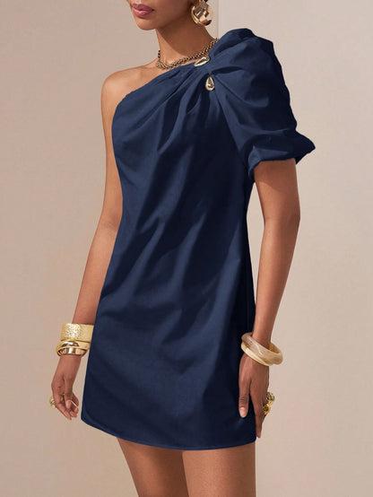 Zivah Elegant Navy Blue Summer Mini Dress For Women,Asymmetric Ruffle Puff Sleeve Casual Bar Party Dress,2025 Spring Music Festival Vacation Beach Wear