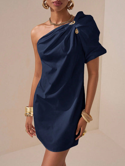 Zivah Elegant Navy Blue Summer Mini Dress For Women,Asymmetric Ruffle Puff Sleeve Casual Bar Party Dress,2025 Spring Music Festival Vacation Beach Wear