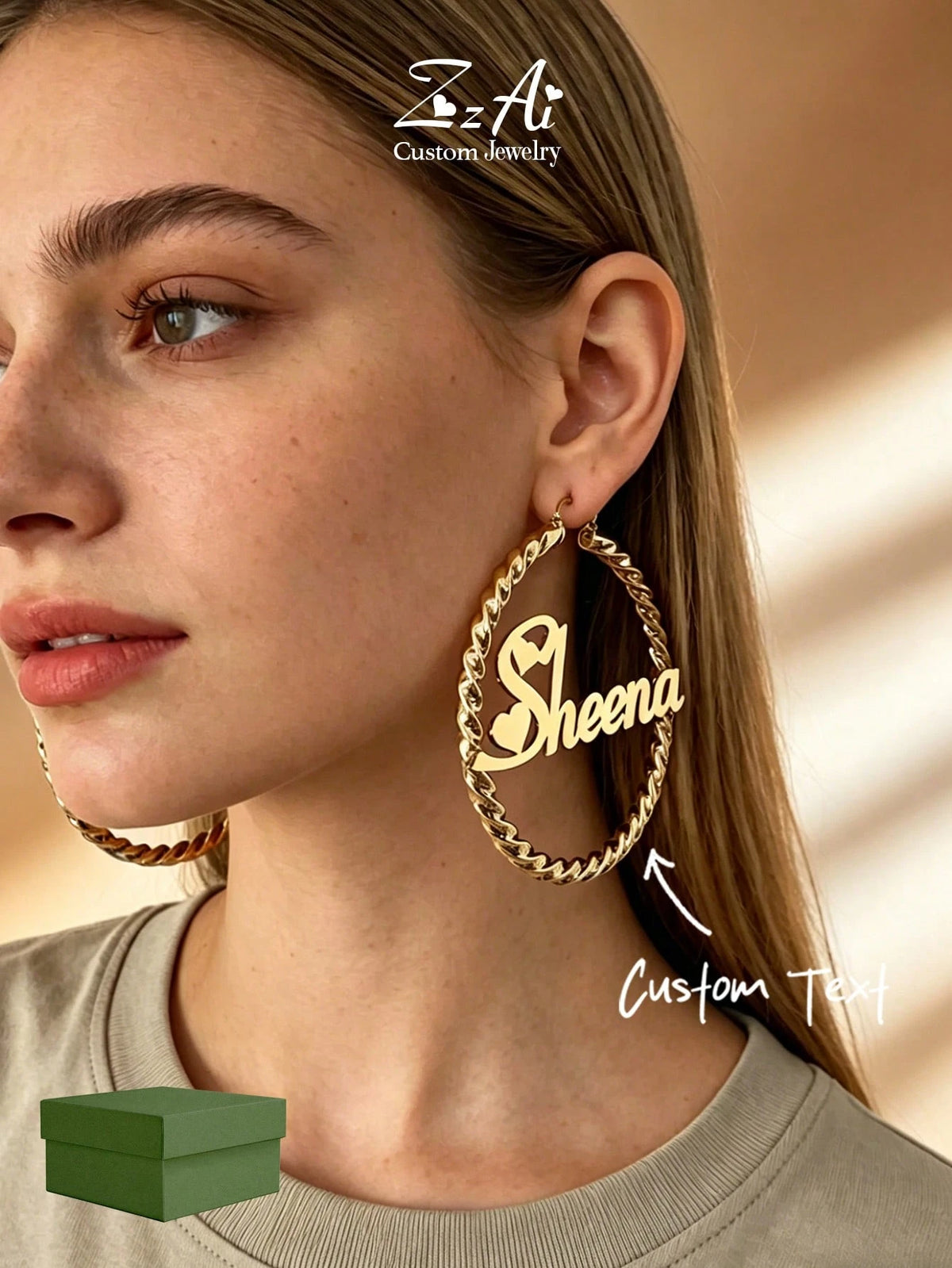 [ZzAi Custom]1 Pair 7cm Large Earrings, Customizable Name/Text, Personalized Earrings, 18K Gold Fashion Jewelry Stainless Steel Material, Bamboo Knot Nameplate Earrings- Gold Round Name Earrings- La